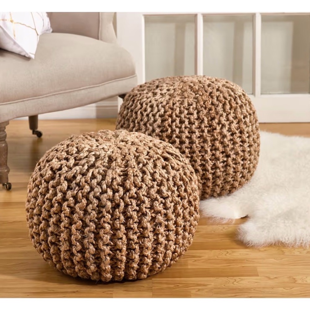Hand-Knit Jute Round Pouf Ottoman - Natural Brown